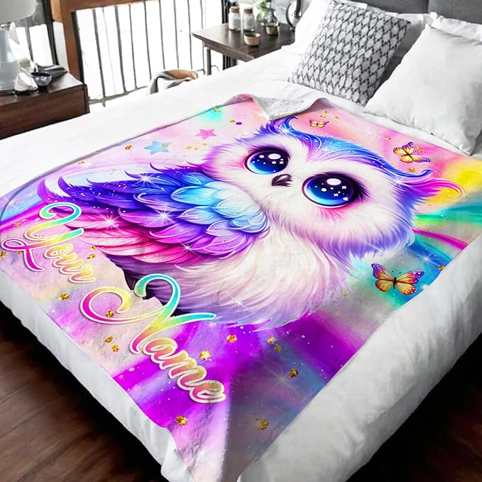 Personalized Blanket for Girls, Custom Throw Blanket Gift for Kids Teens, Owl Stuff for Animals Lovers, 50"x40" Flannel Blankets for Couch Sofa Bed Bedroom Decor