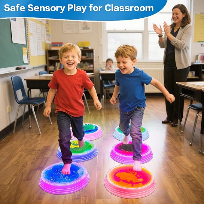 Stepping Stones for Kids - 6pcs Light Up Liquid Stepping Stones with 7 Color LED, Non-Slip Sensory Balance Toys for Toddlers Ages 3-5, Indoor Outdoor Fitness Toys for Birthday