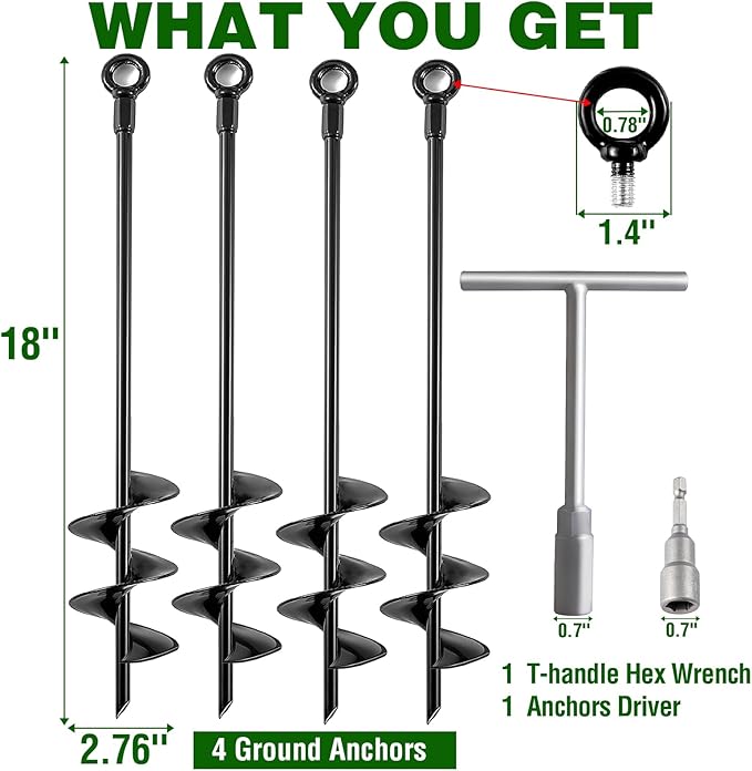 Ground Anchors Heavy Duty, Swing Set Anchor Kit 18 Inch 4 Pack Screw in Earth Anchors Trampoline Stakes High Wind Metal Auger Anchor for Shed Tent Carports Securing Animals Camping Mobile Home