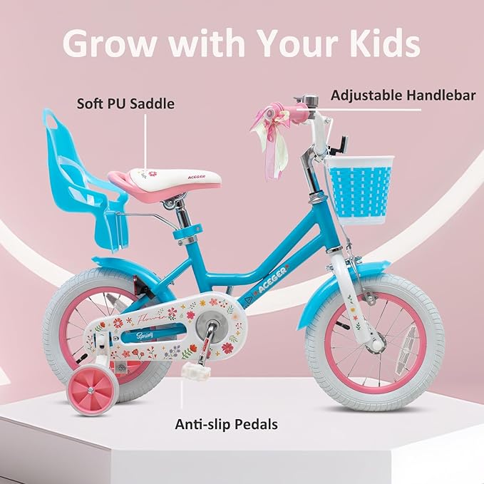 ACEGER Girls Bike with Basket for Ages 2-12 Years Old Kids, 12 14 16 18 Inch with Training Wheels，Princess Style with Streamers, Handbrake & Coaster Brake,Multiple Colors.
