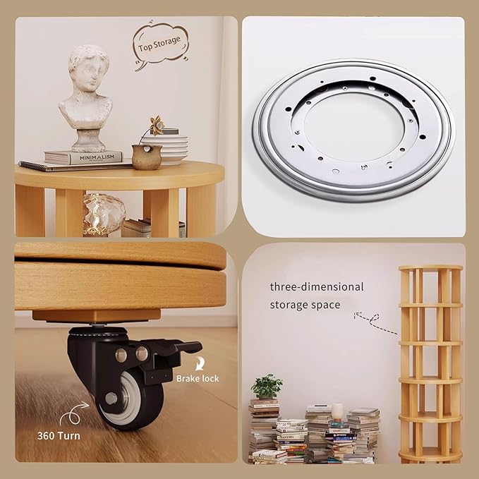 6 Tier Rotating Bookshelf 360° Solid Wood Spinning Book Shelf Tower on Wheels Rolling Revolving Bookcase for Small Spaces, Corner, Bedroom, Kids Room, Office