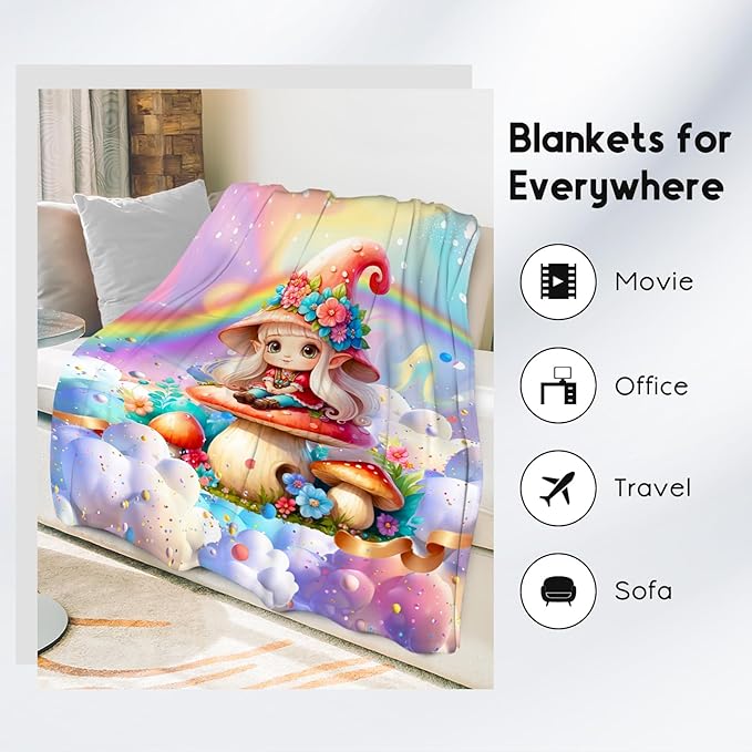Girls Blankets Mushroom Gifts - 60x80 Inches Cozy Soft Flannel Throw for Couch, Bedroom