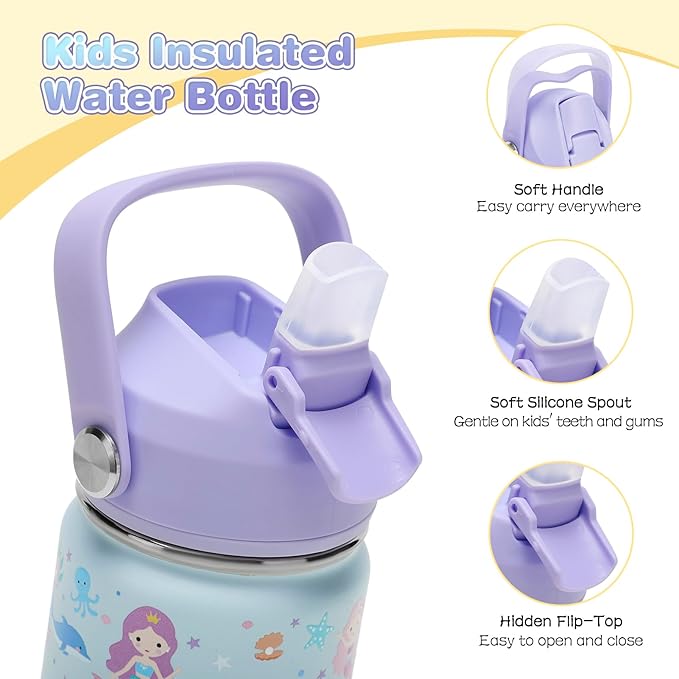 14oz Kids Insulated Water Bottle with Straw Lid - 18/8 Stainless Steel Kid Cup Travel Tumbler Double Wall Vacuum Leak Proof Portable Toddler Water Bottle (Rainbow + Mermaid)