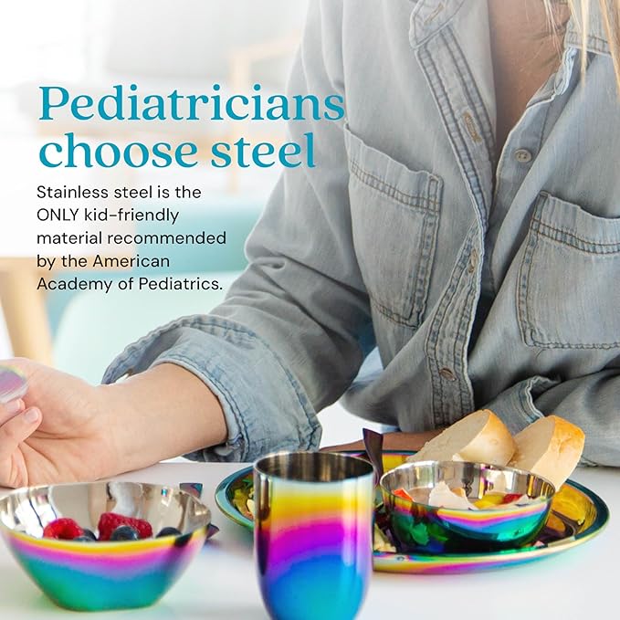 Ahimsa Stainless Steel Plates for Kids, 9" Colorful Stainless Steel Plates, Pediatrician Designed & Non Toxic, Unbreakable, Dishwasher Safe, Set of 4 Rainbow