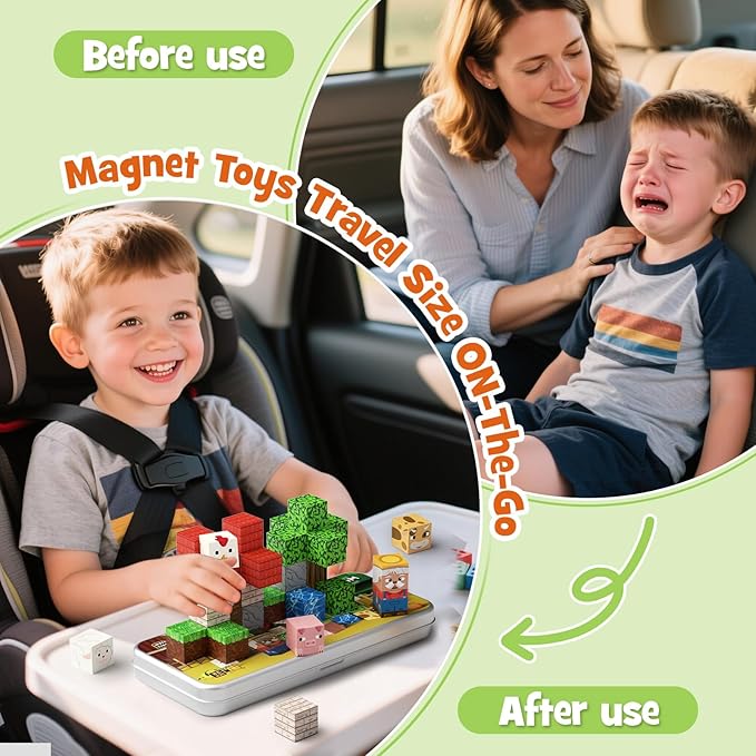 Magnetic Tiles Farm Animals Travel Toys, 35PCS Magnetic Blocks for Kids Ages 3-8, Portable STEM Building Cubes with Metal Storage Box, Toddler Learning Toys for Ages 3-5