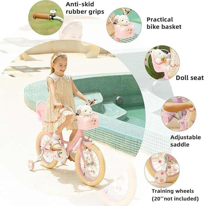 Girls Bike with Basket for Toddlers and Kids Aged 3-14 Years Old, 12 14 16 18 Inch with Training Wheels & Doll Seat, 20 Inch with Kickstand & Rear Rack, Princess Style Bicycle for Gift.