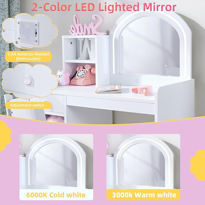 Kids Vanity with Lights, Princess Vanity Set with Drawer and Storage Shelves, 2 in 1 Toddler Makeup Vanity with Lighted Mirror, Girls Vanity Set with Stool for Little Girls (White)
