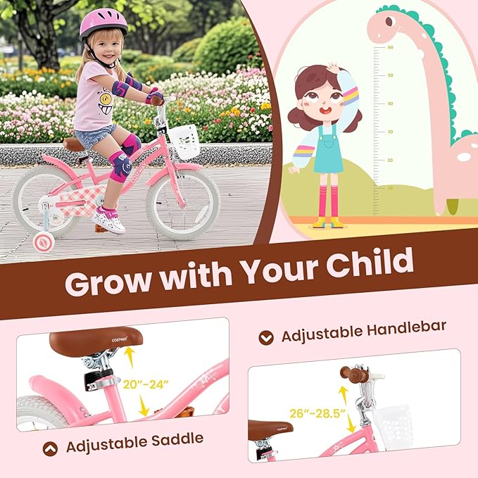 COSTWAY Kids Bike, 12 14 16 18 Inch Toddler Bike Children Bicycle w/Training Wheels, Hand & Coaster Brakes, Adjustable Saddle & Handlebar, Basket, Bell, Kids Bicycle for Girls Boys Aged 3-8 Years Old