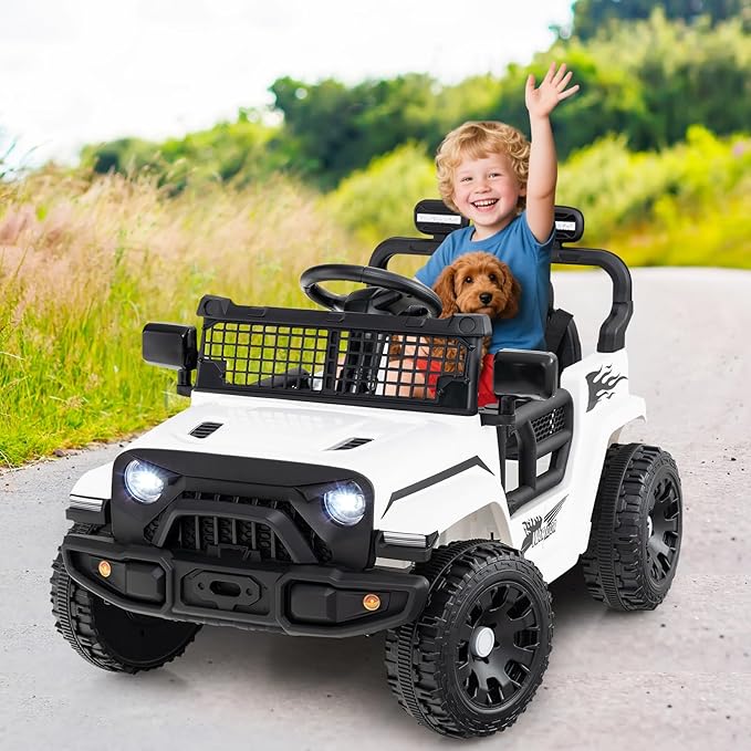 Costzon Kids Ride on Car Truck, 12V Electric Vehicle w/Foldable Mirrors, 3 Speeds, LED Lights, Music & Horn, Ride on Toys Remote Control Car for Toddlers, Boys & Girls (White,34" × 23" × 21")