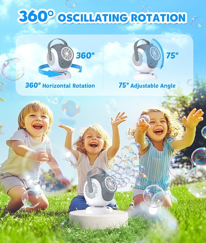 Rechargeable Bubble Machine, Automatic 360° Rotation, 75° Adjustment Bubbles Blower with 10 Large Holes Wands for Kids, Toddlers Outdoor Play, Wedding, Birthday Party, Gifts Toys for Boys, Girls