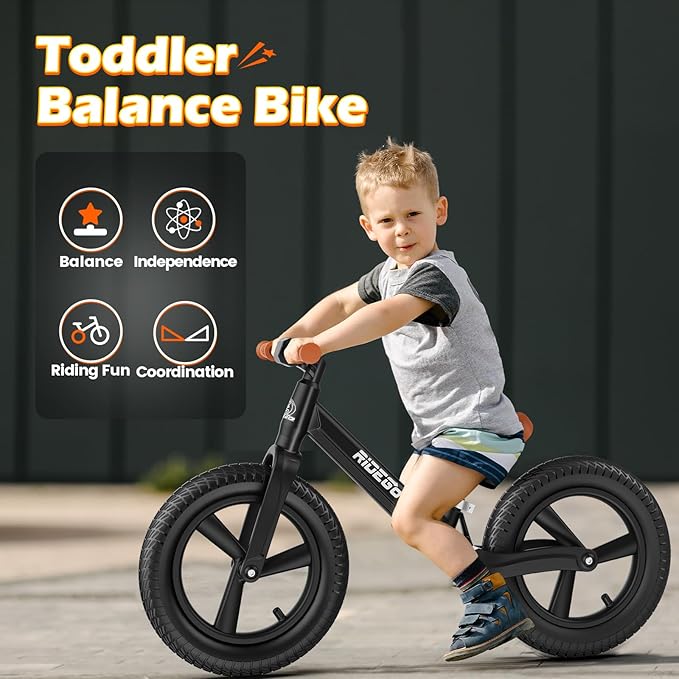 Ridego 14 Inch Balance Bike for Kids 3-6 Year Old,Lightweight Kids Bike with Adjustable Seat, Push Bicycle with Air Rubber Tires，Ride-on Toys Birthday Gift