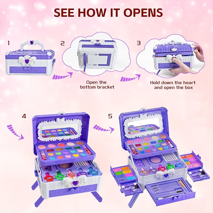 Kids Makeup Sets for Girls - Washable Makeup Toys with Mirror, Real Dressing Table with Stand Princess Pretend Makeup Sets for Ages 3 4 5 6 7 8-12 Year Old Girls Birthday & Christmas