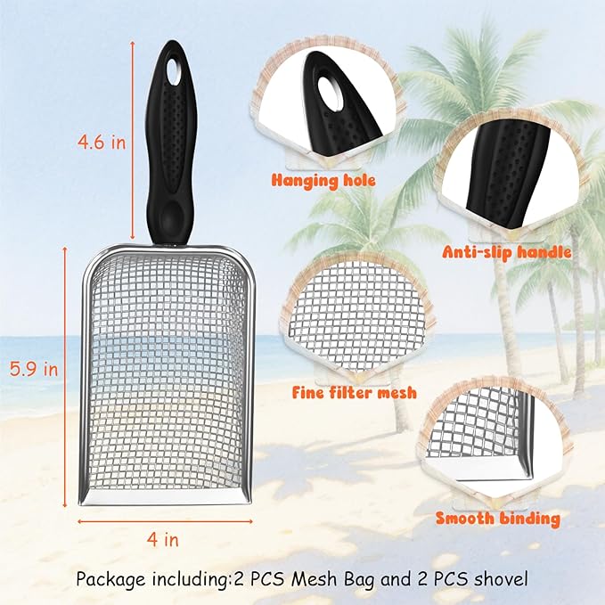 2 PCS Beach Mesh Shovel Sand Sifters with 2 PCS Mesh Beach Bag, Shark Tooth Sifter for Shell Collecting, Filter Sand Scooper Shells Tools for Boys and Girls