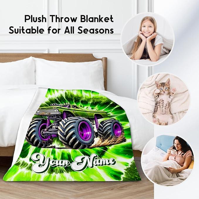 UNIKITTY Boys Blanket Gifts, Personalized Truck Blanket for Kids, Tie Dye Fuzzy Throw for Truck Lovers, Custom Throw with Name (4 Sizes)