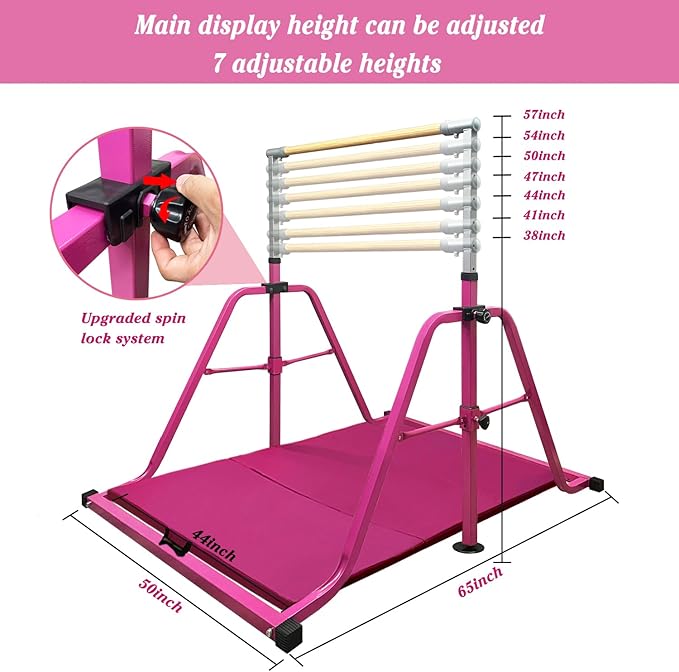 Foldable Gymnastics Kip Bar,Horizontal Bar for Kids,No Wobble Gym Equipment for Home Indoor,3' to 5' Adjustable Height,Gymnasts 1-4 Levels,300 lbs Weight Capacity