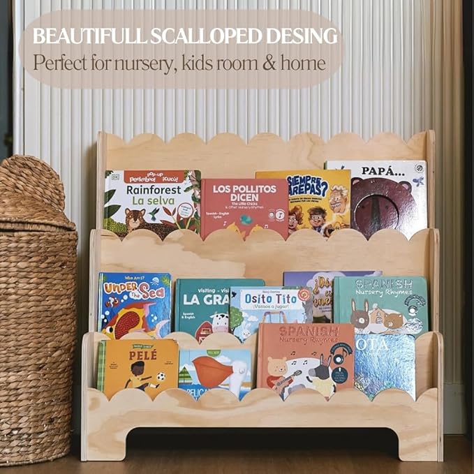 CAALMA Premium Scalloped Bookshelf for Nursery & Kids Bedroom - 29.5x27.5 in - 3-Tier Wooden Montessori Bookshelf - Kids Bookcase for Nursery, Playroom or Classroom, Minimalist Toddler Book Shelf