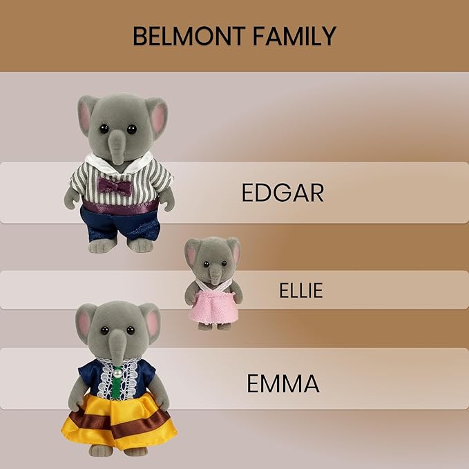 Family Gray Elephant Figures — Set of 3 Collectible Flocked Mini Dolls with Removable Clothes, Miniature Dollhouse Pretend Play Figures for Kids Ages 3+