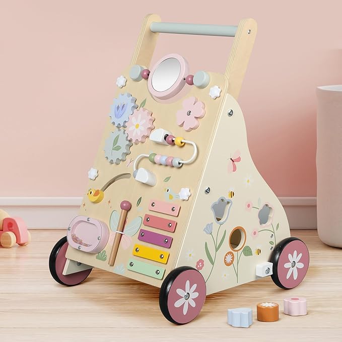 Wooden Baby Walker, Baby Push Walker, Push Walker Toys for Babies Learning to Walk & Sit-to-Stand, with Montessori Sensory Toy & Activity Center for Girls Boys