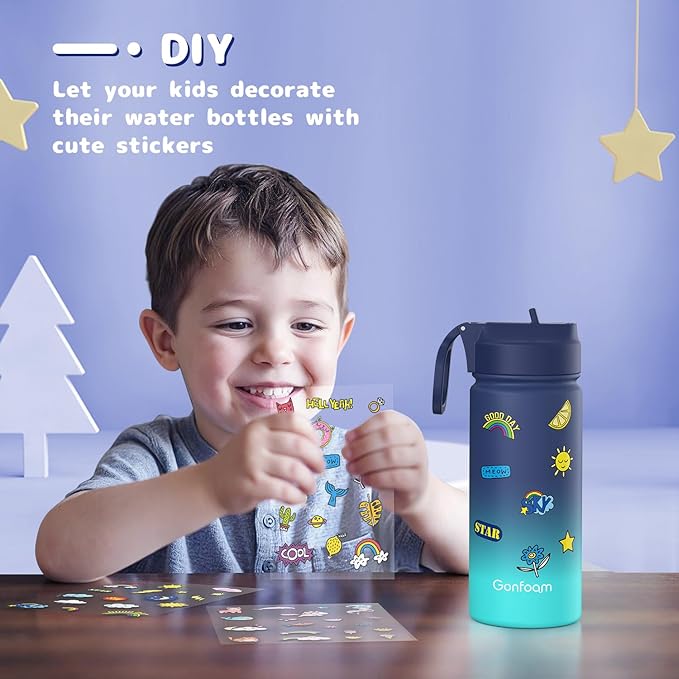 Kids Water Bottle, 16oz Water Bottles Kids with Straw and Stickers, Stainless Steel Vacuum Double Wall Insulated cup, Kids Water Bottle for School, Gifts for Boys(Navy blue)