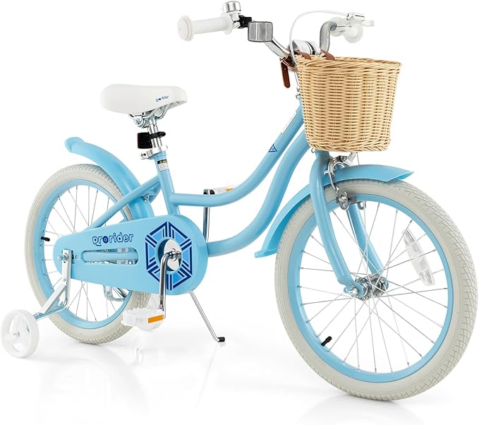 BABY JOY Kids Bike, 14 16 18 Inch Retro Kids Bicycles for 3-8 Years Old Children with Training Wheels, Adjustable Height, Rattan Basket, Handbrake & Coaster Brake, Boys Girls Bike (Pink, Green, Blue)
