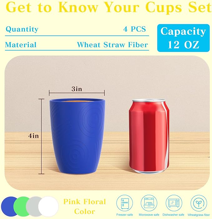 Homienly Wheat Straw Drinking Glasses Set of 4, Unique Texture Reusable Kids Cups, Stackable for Kitchen, Home, Party, Camping, Dishwasher Safe Tumbler 12 OZ - Island Color