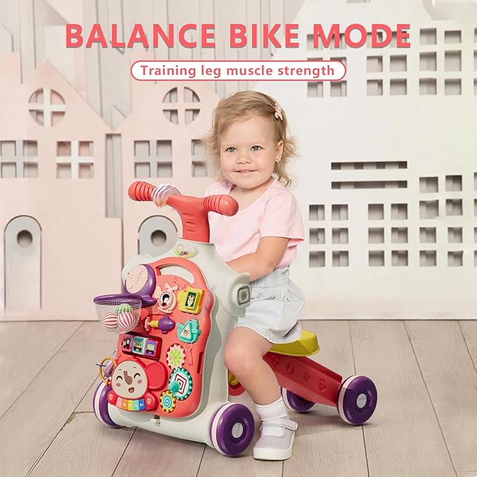 Upgraded 5 in 1 Baby Walker and Activity Center for Baby Girl, Learning to Walk, Sit to Stand, Early Learning Push Toys for Infant 12 Months, Walking Toys Gift for Toddler Girls, Red