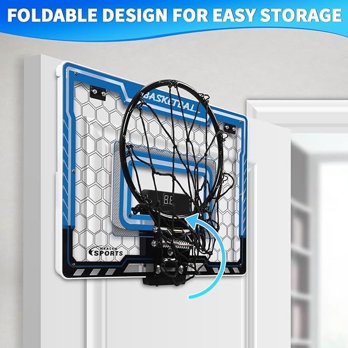 AOKESI Mini Basketball Hoop Indoor with Scorer and Batteries|Inside Basketball Hoop Over The Door with Colorful LED Lighting|Toy Basketball Gifts for Boys Girls Teens Adults, Blue