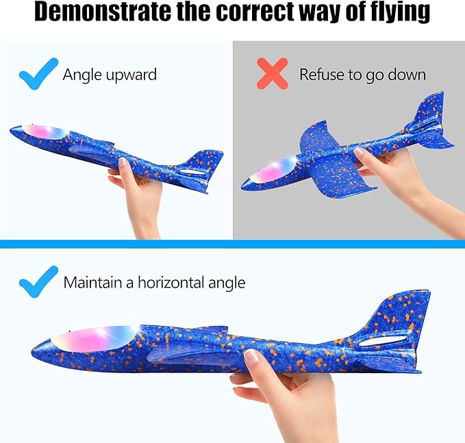 2 Pack LED Light Airplane,17.5" Large Throwing Foam Plane,2 Flight Mode Glider Plane,Flying Toy for Kids,Gifts for 3 4 5 6 7 8 9 Years Old Boy,Outdoor Sport Toys Birthday Party Favors Foam Airplane