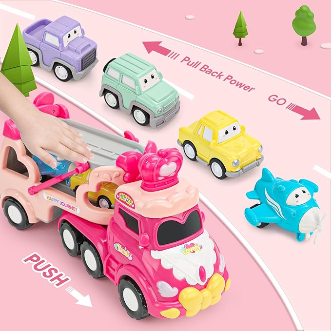 Toddler Car Toys for 1 2 3 4 Year Old Girl, 5-in-1 Pink Princess Truck Girl Cars for Toddlers 1-3 with Light & Sound, Toddler Girl Toys Age 1-2 2-4,Birthday Gifts for Baby Girl Toys