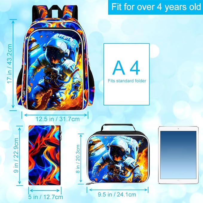3Pcs Space Backpack for Boy, 17" Fire Bookbag for Elementary Preschool Kindergarten, Kids School Backpacks with Lunch Box (Red)