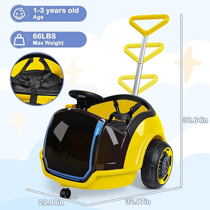 ANPABO 3-in-1 Electric Push Ride On Car, 12V Kids Ride On Toy w/Remote Control, 360° Spin, 5-Point Safety Belt, Colorful LED Light, Music Player, Push Car for Toddler Ages 1-3 (Yellow)
