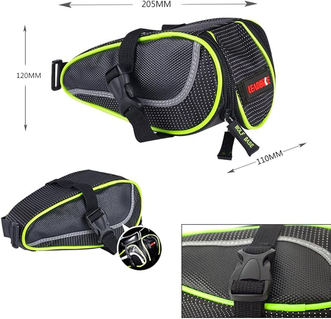 Ryhpez Bike Saddle Bag, Bicycle Bag Back Seat Pouch Mountain Bike Pocket Pack Waterproof Strap-on Seat Bag for Outdoor Night Safety Ride, Convenient with Reflective Stripes - Green