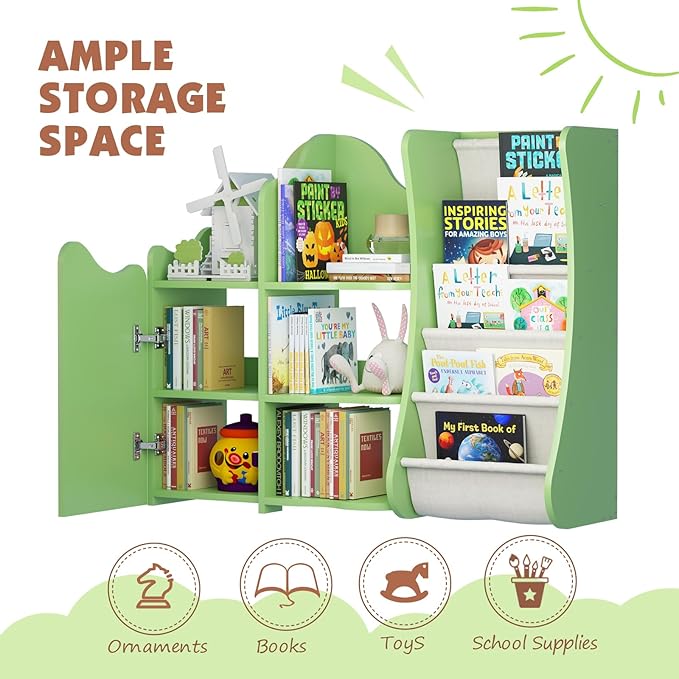 Tree House Kids Bookshelf Toddler Bookcase 4-Tier Baby Book Rack Sling Pocket Cabinet Children Toy Storage Organizer Wood Display Shelf Nursery Playroom Bedroom Classroom Preschool Boy Girl Gift