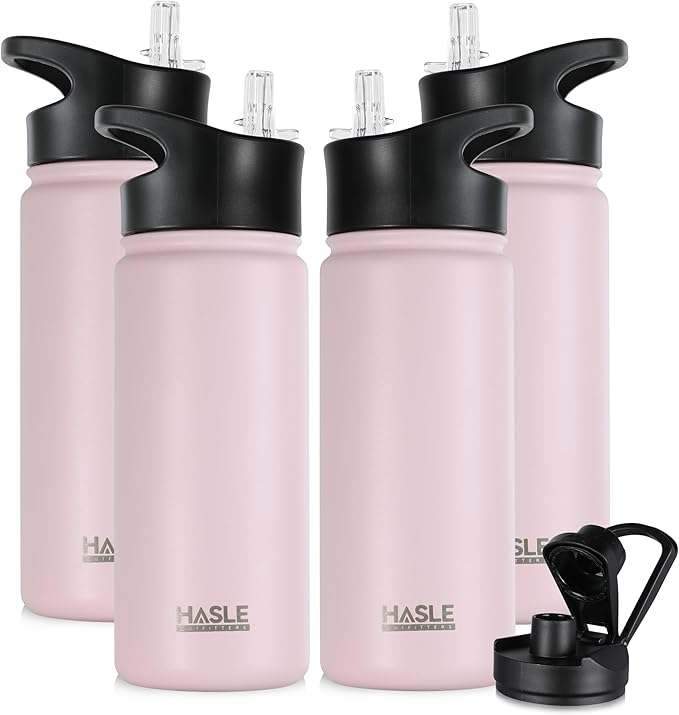 HASLE OUTFITTERS Insulated Water Bottle 16 oz Double Wall Vacuum Stainless Steel Water Bottle Leak Proof for School Wide Mouth with Straw Lid & Spout Lid Keeps Cold and Hot(Pink,4pack)