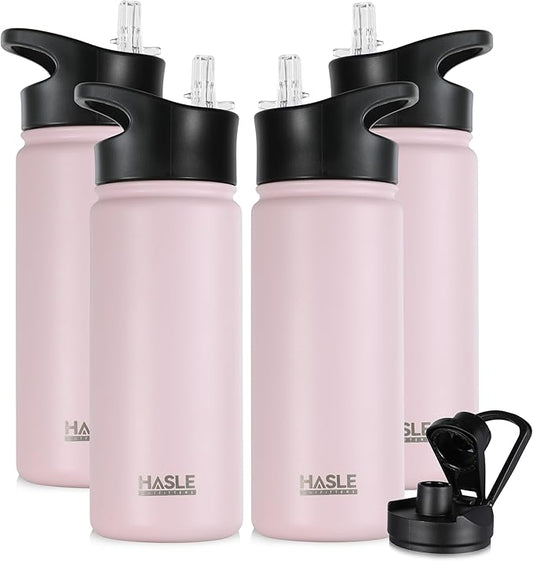 HASLE OUTFITTERS Insulated Water Bottle 16 oz Double Wall Vacuum Stainless Steel Water Bottle Leak Proof for School Wide Mouth with Straw Lid & Spout Lid Keeps Cold and Hot(Pink,4pack)