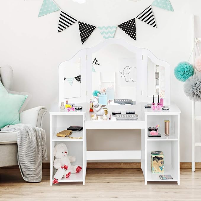 Costzon Kids Vanity, 2 in 1 Princess Makeup Desk Dressing Table with Detachable Top, Toddler Vanity with Tri-fold Mirror & Storage Shelves, Vanity for Little Girls, White