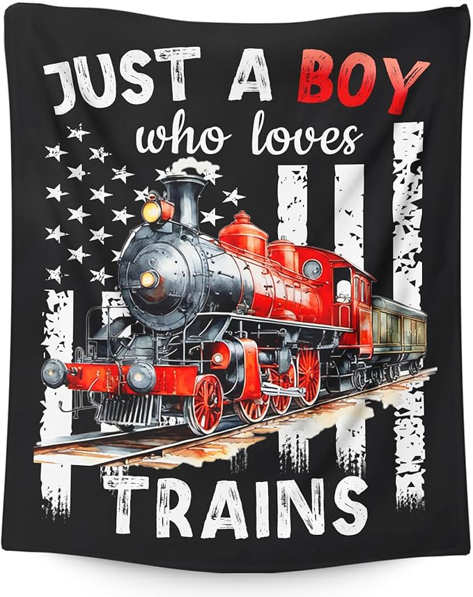 Train Blanket for Boys - Cute Throw Blanket Gifts for Kids Cars Lovers - 50x60 Inches Black Soft Fuzzy Car Blankets for Couch Travel - Trains Stuff Bedroom Decor