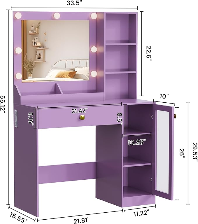 Makeup Vanity with Mirror and Lights & Power Outlet, 34'' Small Vanity Desk with Drawers and Storage Cabinet & Makeup Tray, Dressing Table for Girls Bedroom Dressing Room, Purple