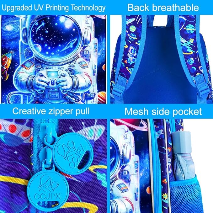 16" Space Backpack for Boy, 3Pcs Astronaut Bookbag for Elementary Preschool Kindergarten, Kids School Backpacks with Lunch Box (Blue)