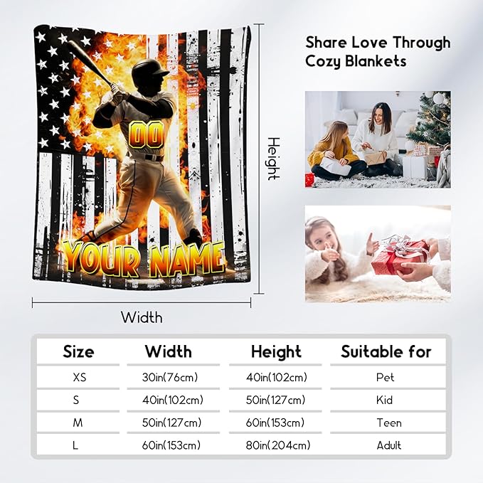 Baseball Blanket for Boys, Custom Blankets Gifts for Kids, Personalized Sports Throw with Name, Soft Fleece Throw for Men & Adults, 60"x80"