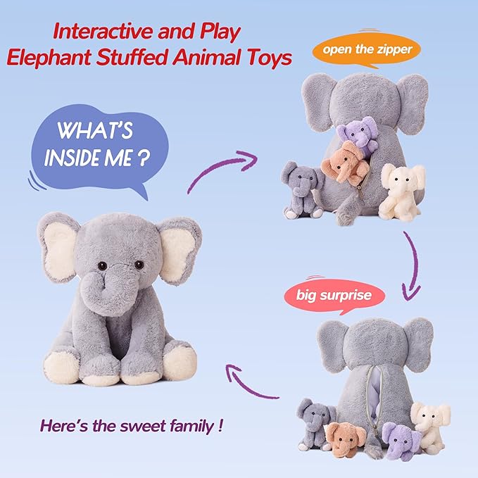 5 Pieces Elephant Stuffed Animals for Girls, 1 Mommy Elephant with 4 Babies Soft Plush Set Toys Gifts for Kids Children 3 4 5 6 7 8 9 Years, Christmas, Birthday, Children's Day
