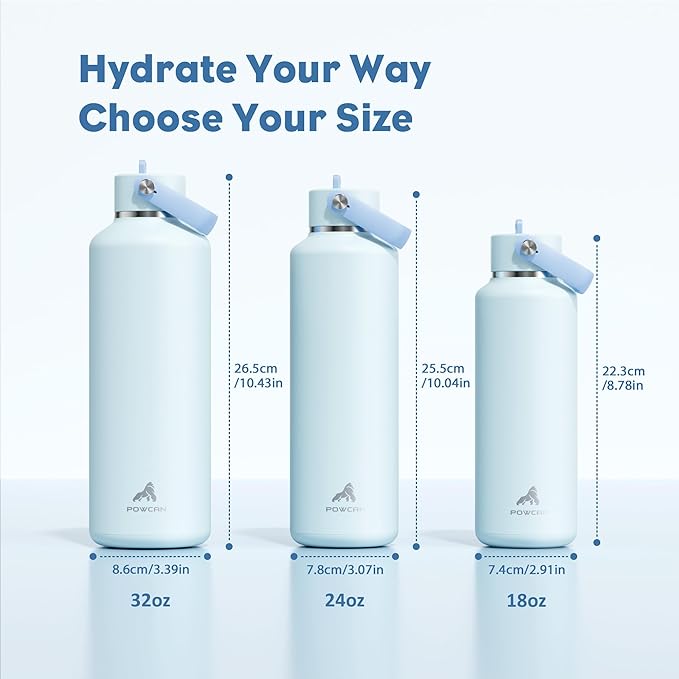 POWCAN 24 oz Insulated Travel Water Bottle for: Leakproof, BPA-Free, Top Handle, Stainless Steel Water Bottle with Straw for School, Outdoors, Camping, Sport, Hiking, Biking, Playground (Sea Breeze)