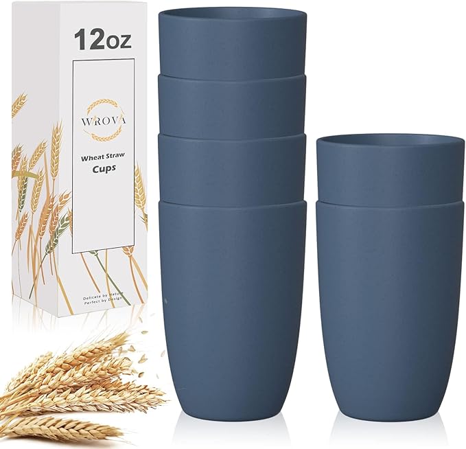 Wheat Straw Cups 6 PCS Good Alternative to Plastic Reusable Cups 12 oz Unbreakable Drinking Cup Reusable Dishwasher Safe Water Plastic Glasses Navy Blue
