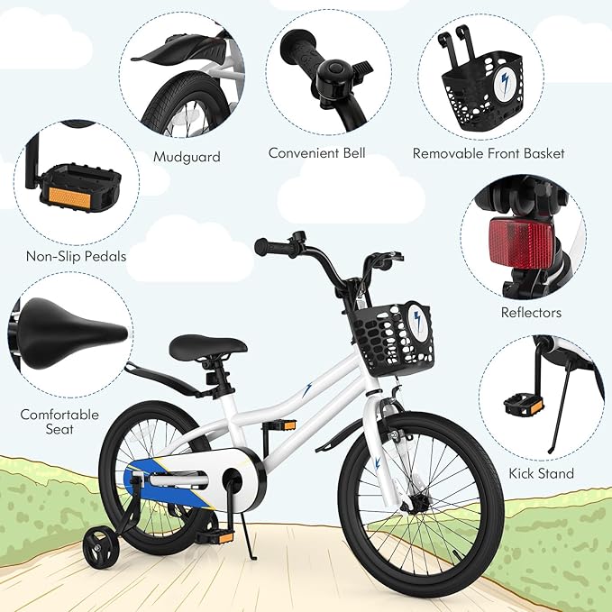 COSTWAY Kids Bike, 12 14 16 18 Inch Toddler Bike for Boys & Girls Aged 3-8 Years Old, Kids Bicycle w/Removable Training Wheels, Handbrake & Coaster Brake, Basket, Bell