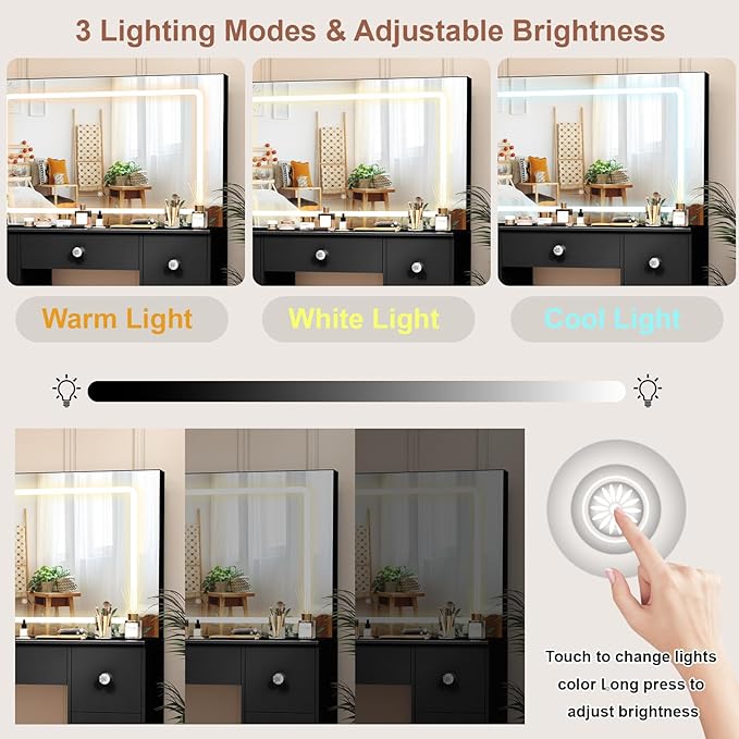 Black Vanity Desk with Large Mirror and Lights, 39.4''W Makeup Vanity with 3-Color Light Adjustable Brightness, 7 Drawers & Open Shelves, Big Vanity Desk for Bedroom, Girls & Women, 3429LED