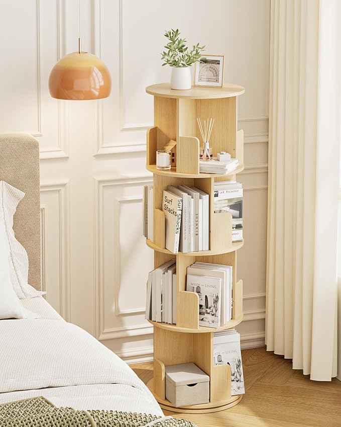 Masupu Rotating Bookshelf, Tall 4 Tier Rotating Spinning Bookshelf Tower, 360 Spinning Floor Standing Bookcase Storage Rack, Conner Rotating Book Shelf for Kids Rooms, Bedroom, Living Room