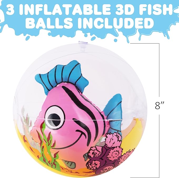 ArtCreativity 3D Fish Beach Balls for Kids, Set of 3, Clear Balls with Colorful Fish Inside, Inflatable Swimming Pool Toys and Aquatic Party Decorations, Underwater Party Supplies and Favors