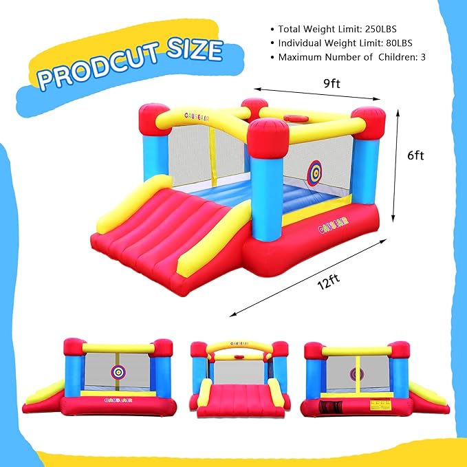 Inflatable Bounce House with GFCI Blower,12 ft L x 9 ft W,Basketball Hoop,Dart Ball Game,Durable PVC Coated Bounce Area,Jumping Bouncy Castle with Slide