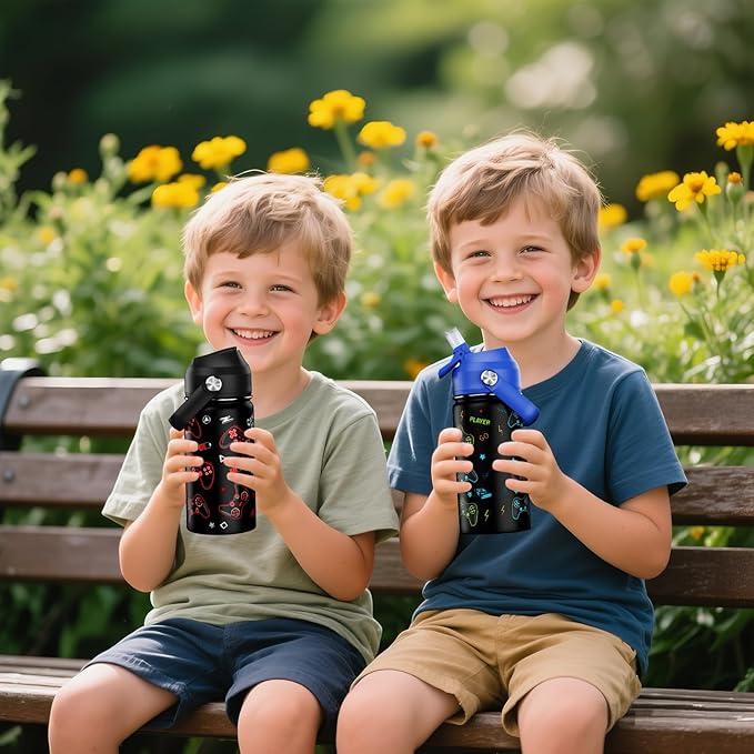 14oz Kids Insulated Water Bottle with Straw Lid - 18/8 Stainless Steel Kid Cup Travel Tumbler Double Wall Vacuum Leak Proof Portable Toddler Water Bottle (Game Blue+Red）