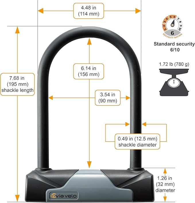 Via Velo Bike U-Lock with Cable, Heavy Duty Anti-Theft Bicycle U Locks with 8mm Braided Steel and 3 Keys, 4ft Length Security Cable for Bike, Scooter Mountain Road Bike